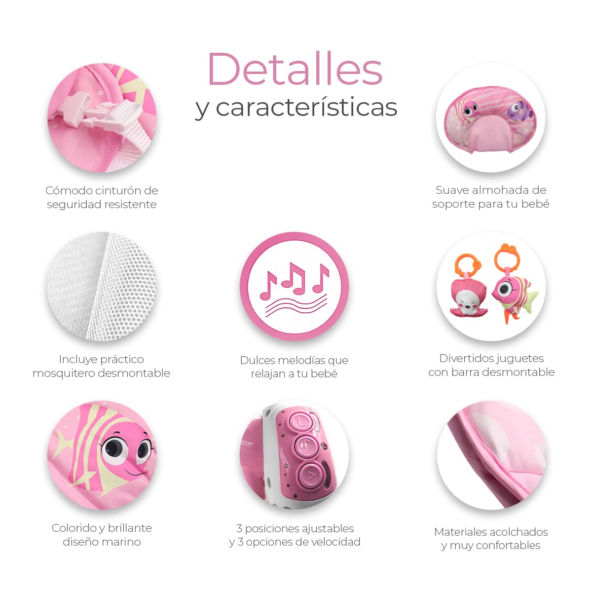 Silla Mecedora Eléctrica Raganet Rosa con Columpio a Control Remoto y Música para Bebés