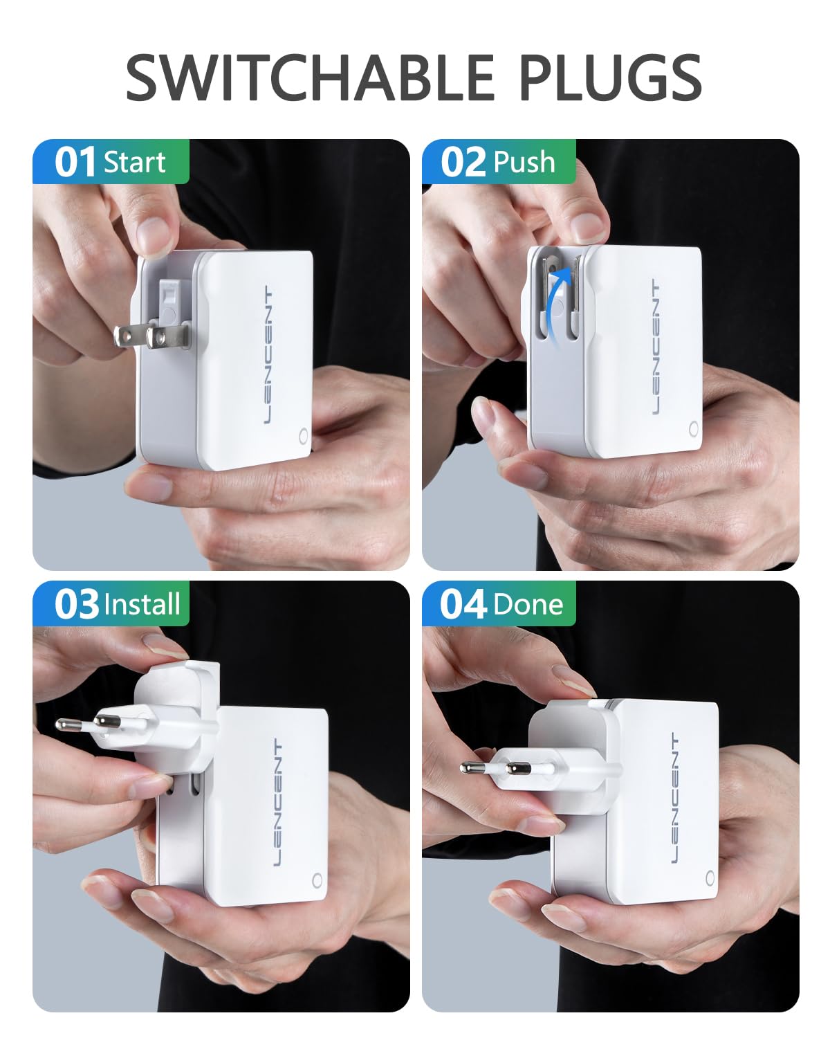 LENCENT Cargador USB, Ladron Enchufes con 4 Puertos USB, 4.4A 5V Adaptador para Viaje, Adaptador de Enchufe Universal UK/USA/EU/AUS para Phone, Celulares, Tabletas y Más