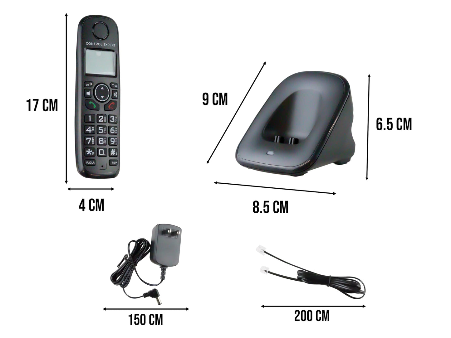 CONTROL EXPERT Teléfono Inalámbrico con Pantalla LCD – Identificador de Llamadas, 16 Idiomas, Marcación Rápida, 50 Contactos, 30 Números Entrantes, 10 Salientes, 10 Tonos y Alarma