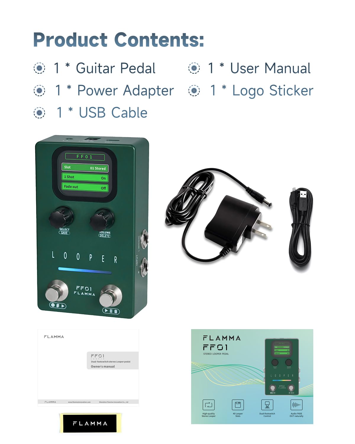 Pedal Looper FF01 FLAMMA Estéreo con 40 Ranuras y 160 Minutos para Guitarra Eléctrica y Bajo