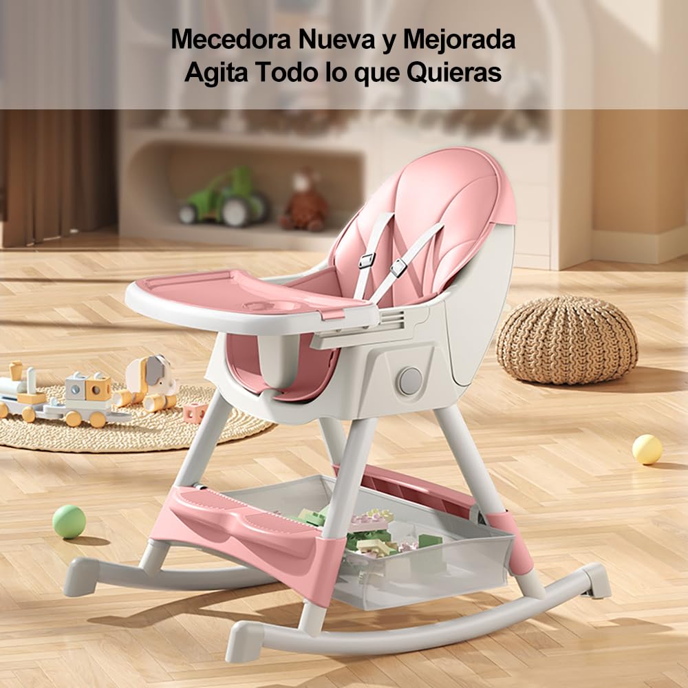 SLNXA Silla Alta para Bebé Multifuncional Silla de Comedor, Sillón y Mecedora en Uno con Ruedas Universales, Plato Llano Doble Extraíble, Cesta de Almacenamiento y Cojín de PU, Ajustable Plegable (Rosa)