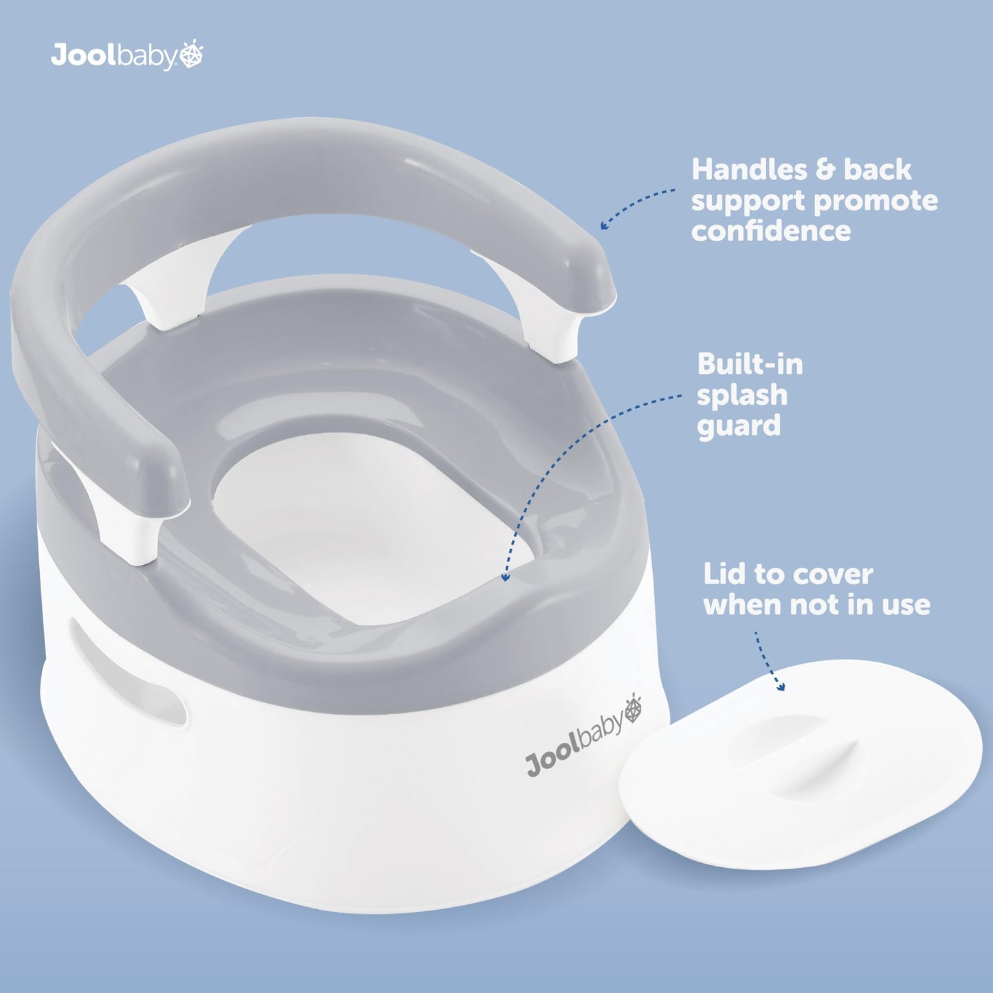 Jool - Silla de baño para bebé para entrenamiento de inodoro, protector contra salpicaduras y soporte de espalda (gris)