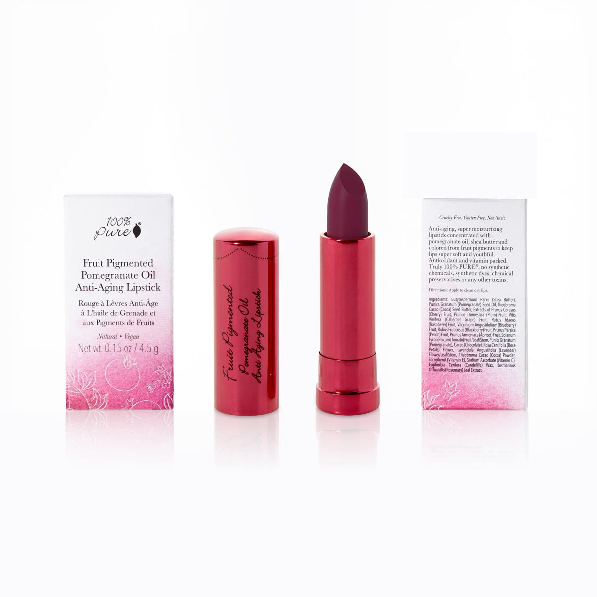 100% PURE Pomegranate Oil Anti-Aging Lipstick (Fruit Pigmented), Black Rose, Long Lasting, Satin Finish, Vibrant Color, Moisturizing Cocoa Butter (Cool Deep Wine) - 0.15 oz