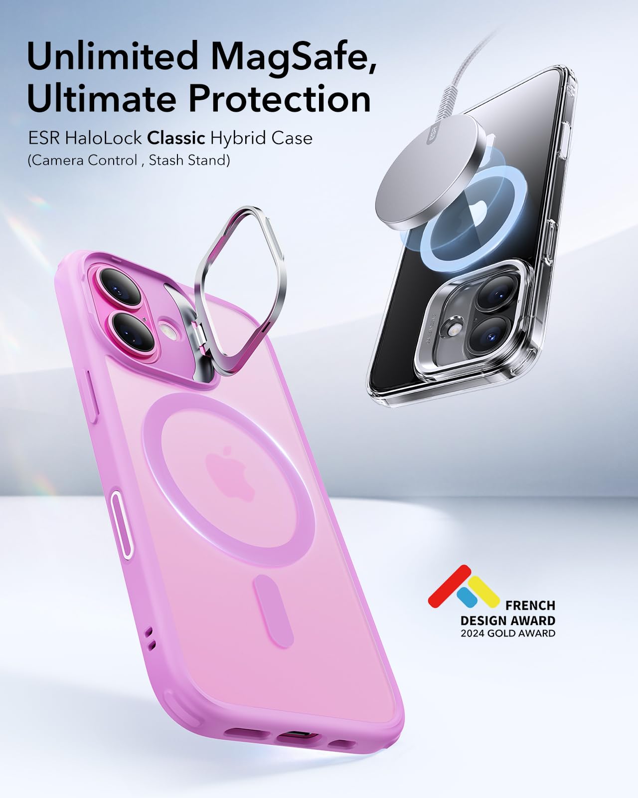 ESR - Funda para iPhone 16, botón de control de cámara compatible con MagSafe, protección de grado militar, soporte integrado, funda trasera resistente a arañazos, clásica, rosa esmerilado
