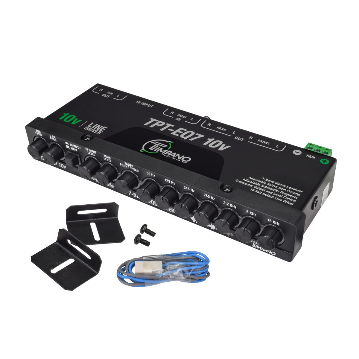 Timpano - Ecualizador de 7 bandas TPT-EQ7 driver de línea de alto voltaje de 10 V Salida RCA de 6 canales y control de subwoofer y cruce 1/2 Din Gráfico de audio para coche Eq con entrada de alto