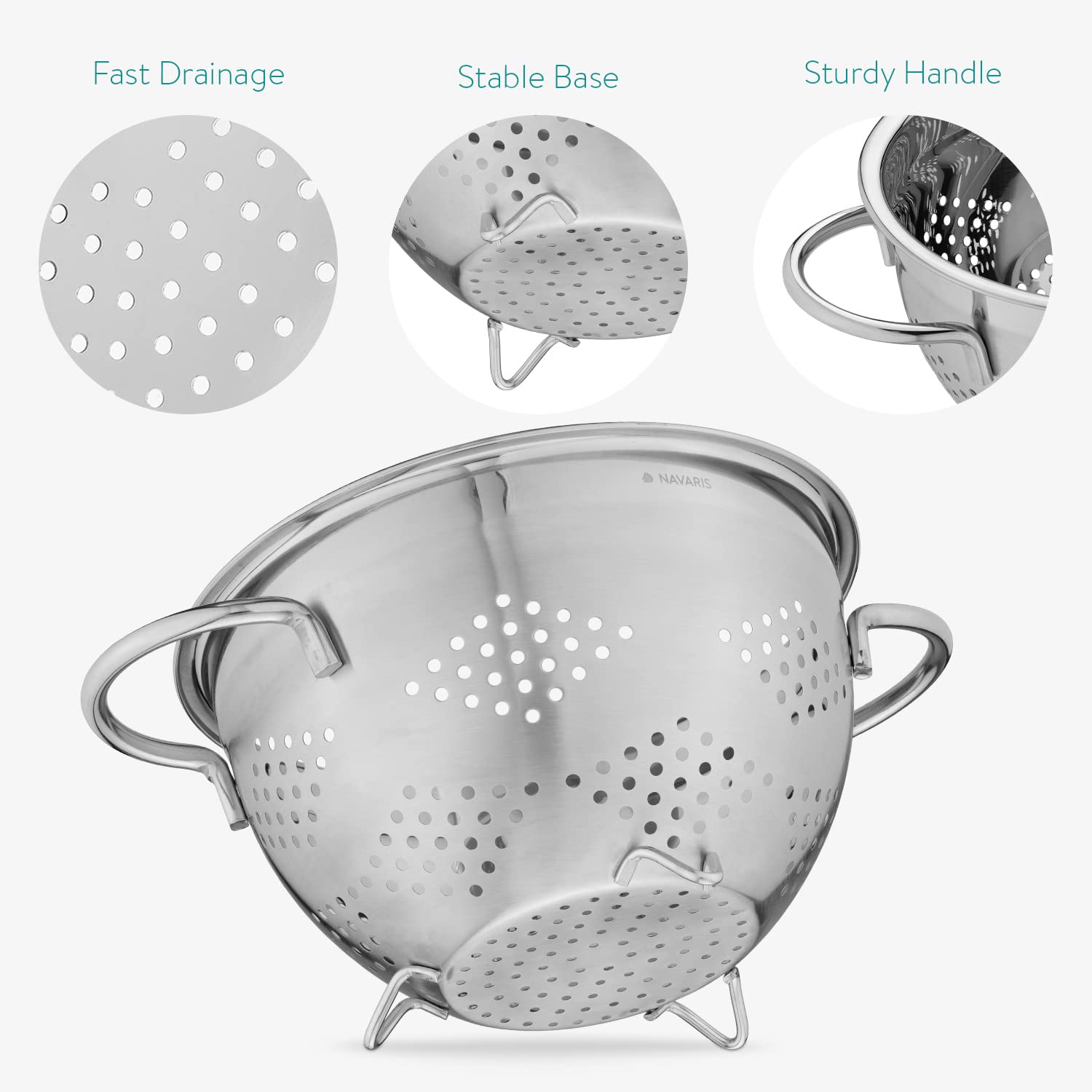 Colador de Cocina Navaris Acero Inoxidable Asas y Patas