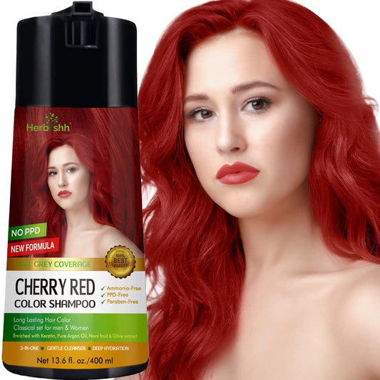 Herbishh Hair Color Shampoo for Gray Hair - Champú de color enriquecido Fórmula para teñir el cabello - Champú y acondicionador para teñir el cabello - Larga duración, cobertura completa de canas y bricolaje (Cherry Red)