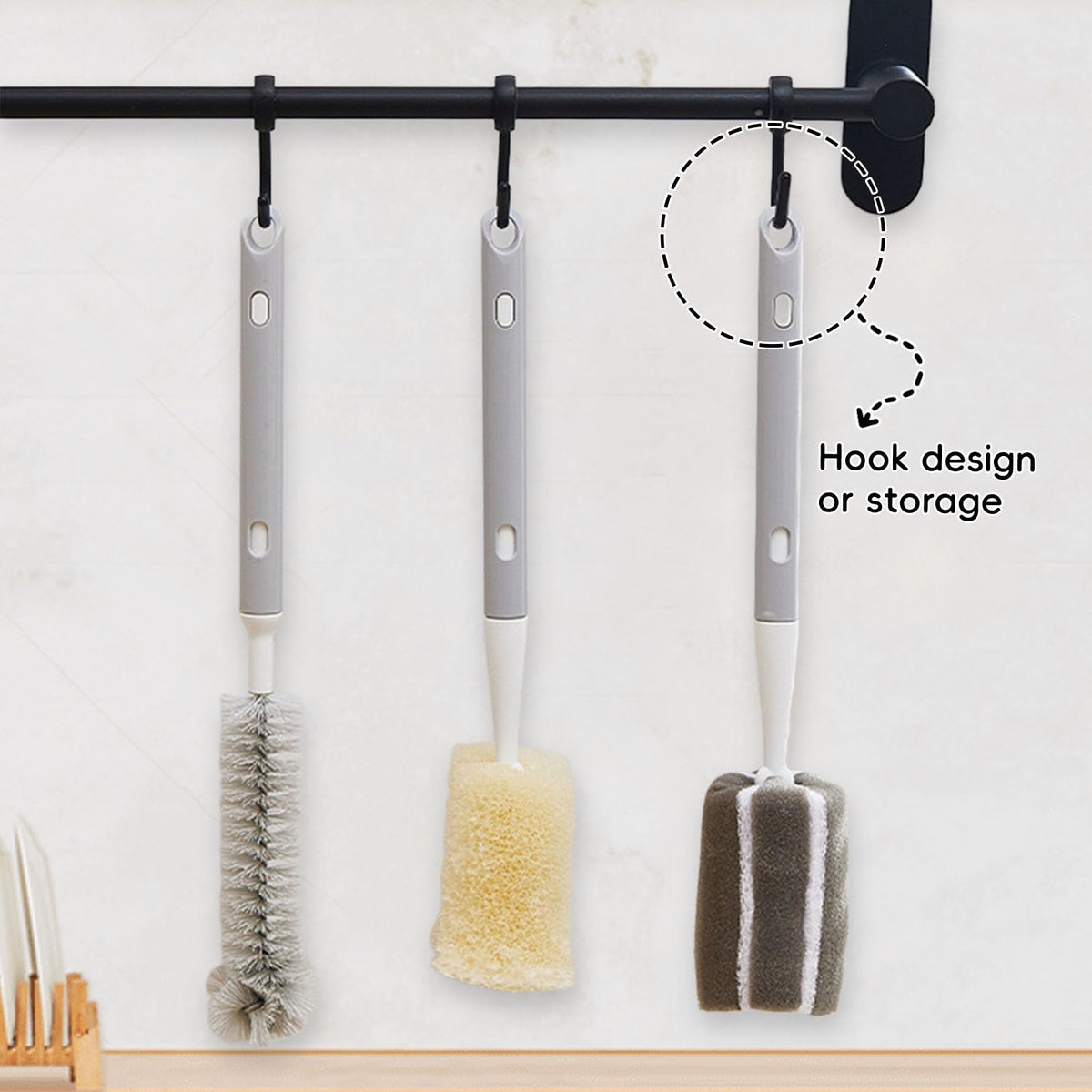 Paquete de 3 cepillos de taza de mango largo, mango extensible, cepillo para polvo de biberón, cepillo para polvo de nailon, cepillo para polvo de esponja, cepillo para polvo para fregar tazas de agua