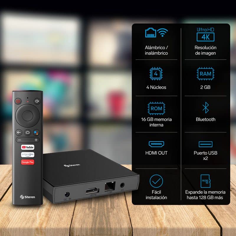 Sistema Android TV Box Steren INTV-1000 Negro Chromecast Certificado Google 4K Control Remoto.