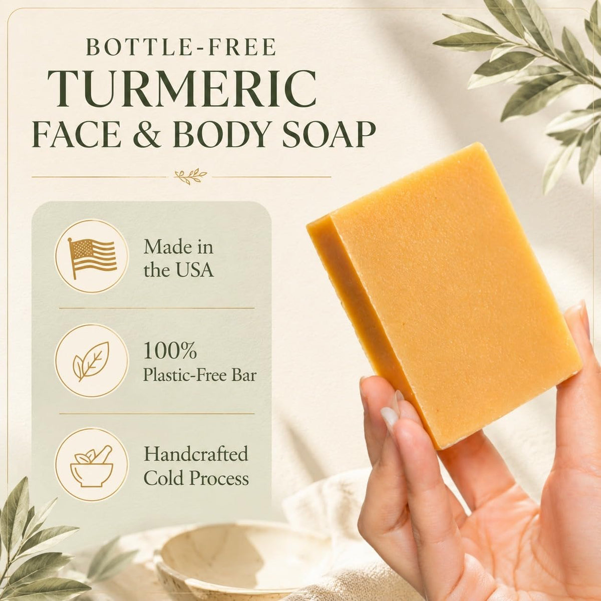 Organic Turmeric Soap - 100% Natural and Organic - Loaded with Organic Turmeric. Gentle Soap. 4.5oz Bar.