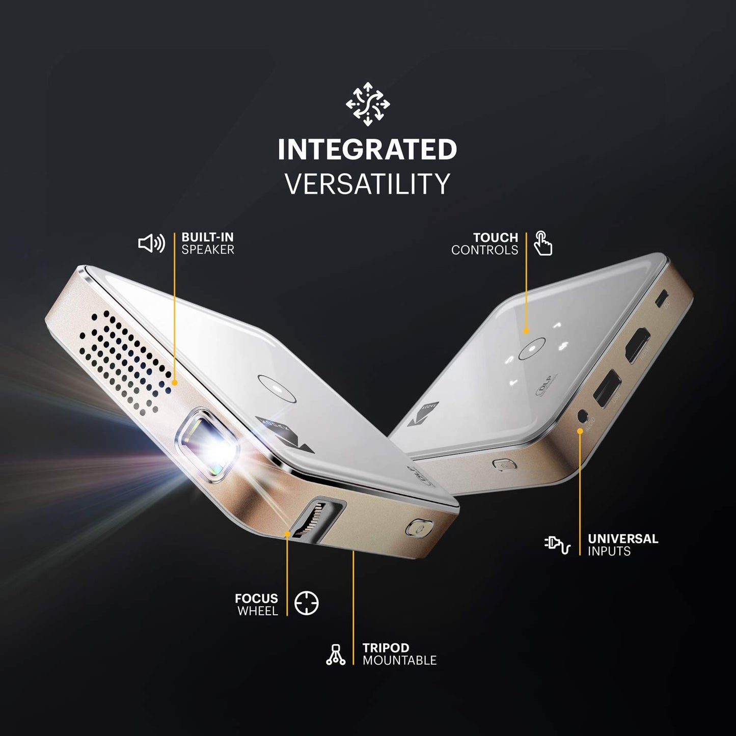 KODAK - Miniproyector de vídeo portátil Pocket Pico DLP 1080p HD LED, pantalla de 80 pulgadas, controles con botones táctiles, altavoz incorporado, batería recargable de 150 minutos, HDMI, USB y microSD