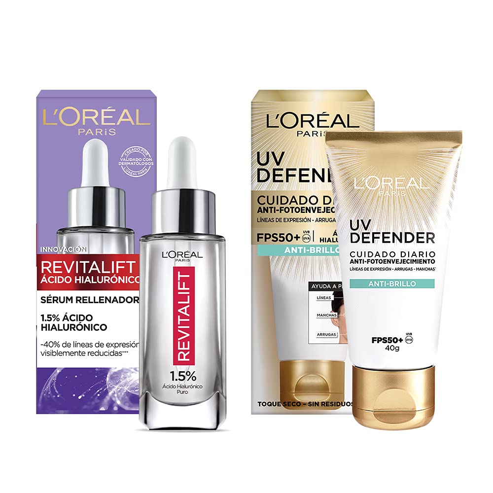 Kit Serum Facial L'Oréal Paris Revitalift Ácido Hialurónico con Bloqueador Solar Anti Brillo UV Defender FPS 50 Más Serum de Ojos Anti Líneas de Expresión, 20 ml