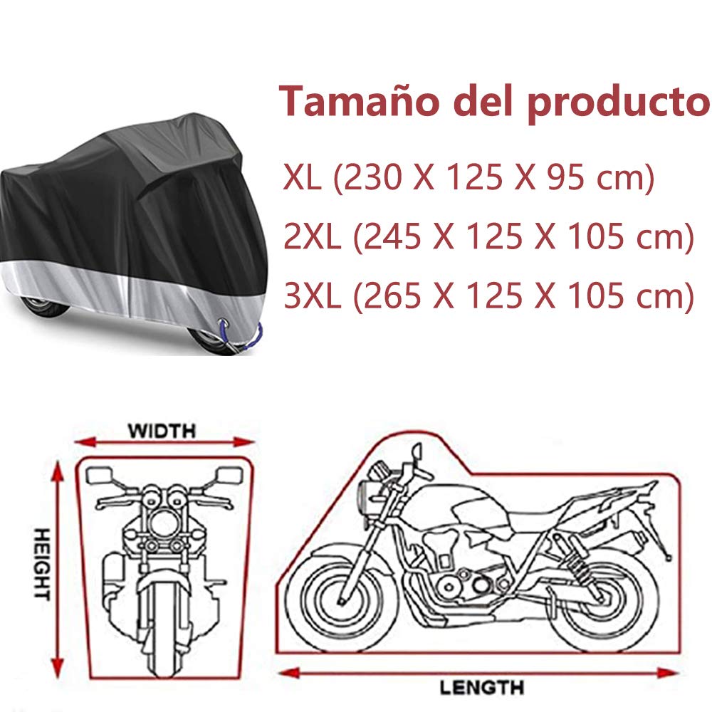 Cubierta para Motocicletas Bicicleta Impermeable Protección - Protector de Motocicleta con 2 Orificios de Bloqueo y el Bolso del Almacenaje XL (Negro y Plata)