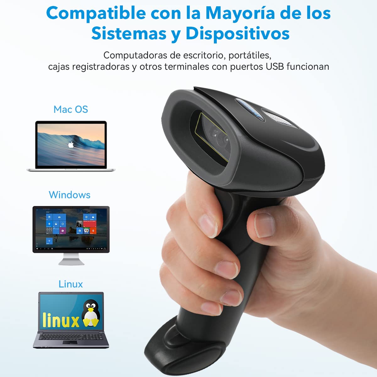 Gurkitsy Escáner de Código de Barras 1D 2D Inalámbrico, Handheld Lector de Códigos de Barras Láser con Receptor (Inalámbrico 2.4GHz + Cable USB) 2000mAh 573979