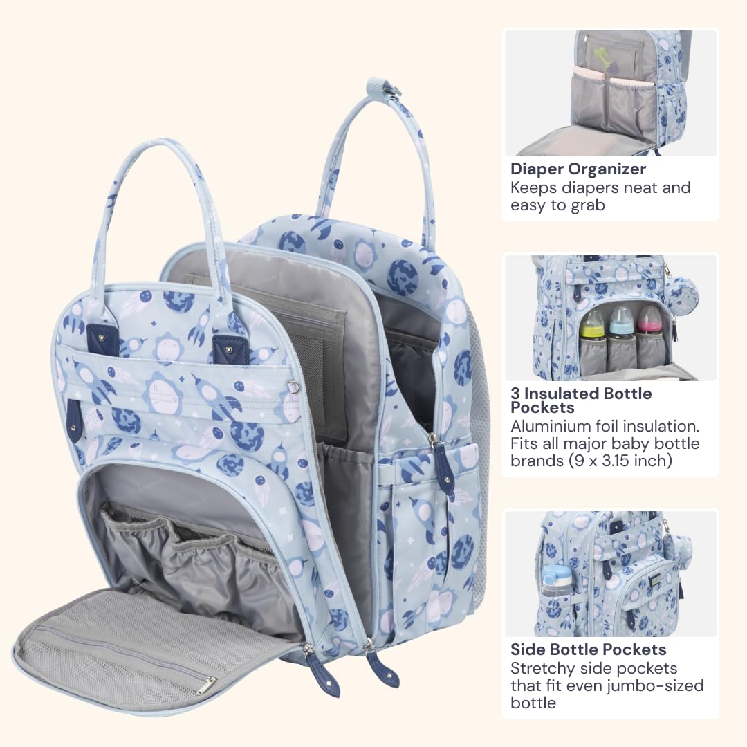 BabbleRoo Mochila para pañales, bolsa de viaje para bebé Essentials con cambiador, correas para cochecito y estuche para chupete, Cósmico, Medium
