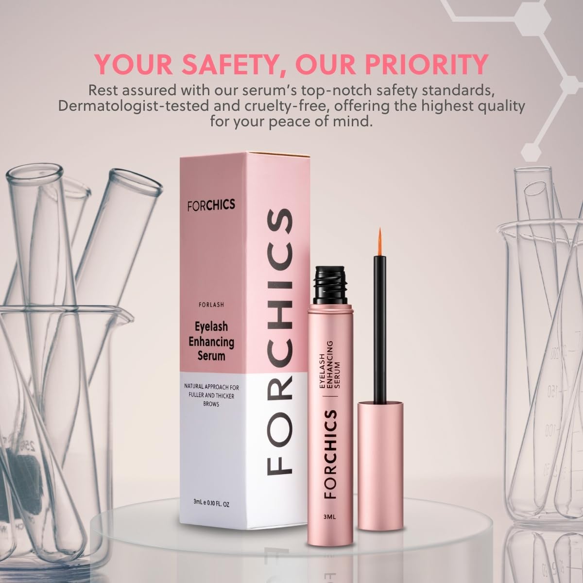 ForChics ForLash Suero para Crecimiento de Pestañas sin Hormonas- Potenciador para Pestañas Más Largas, Gruesas y Abundantes - Estimulante Orgánico y Engrosador Esencial | Vegano y Cruelty Free - [0.10 fl. oz / 3ml]