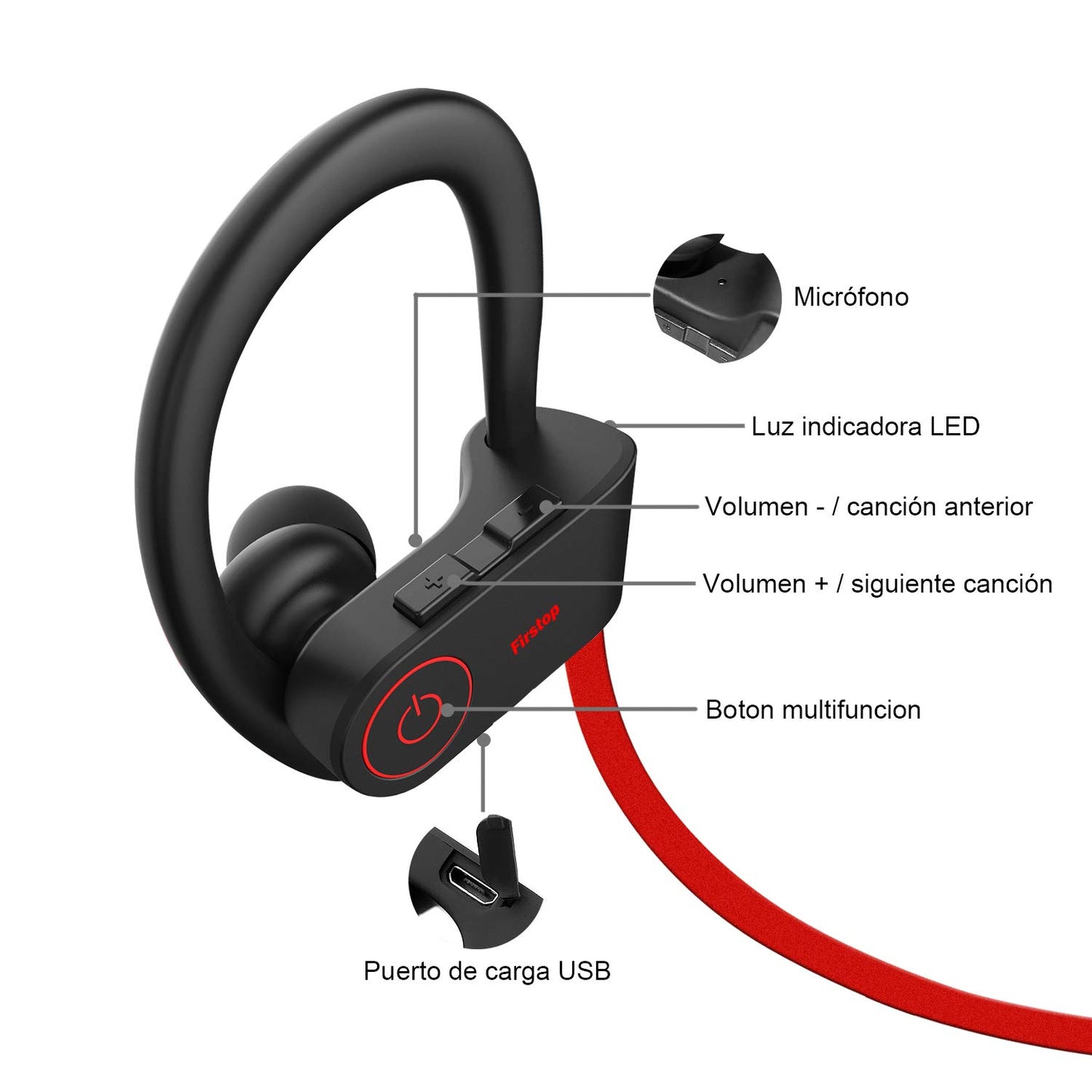 Firstop Auriculares Bluetooth, Audífonos Inalámbricos Impermeables IPX7, Auriculares con Reducción de Ruido y Ajuste Seguro para Deportes y Gimnasia, con Micrófono Incorporado(Rojo)