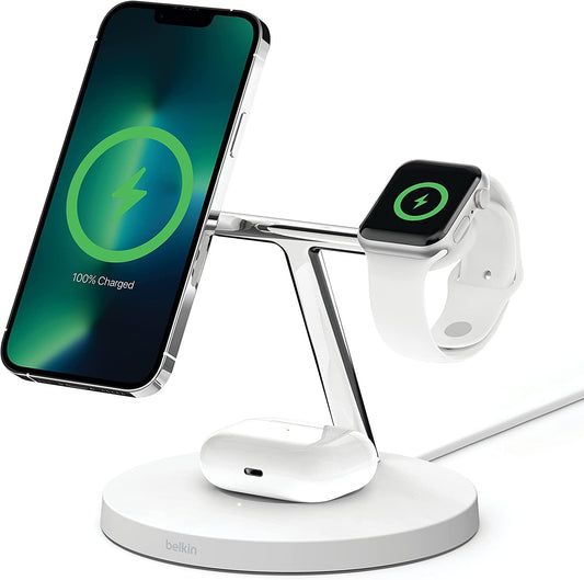 Belkin BoostCharge Pro Cargador inalámbrico 3 en 1 con MagSafe para iPhone 13, 12 + Apple Watch + AirPods (Carga magnéticamente iPhone 13 y 12 Modelos de hasta 15 W)