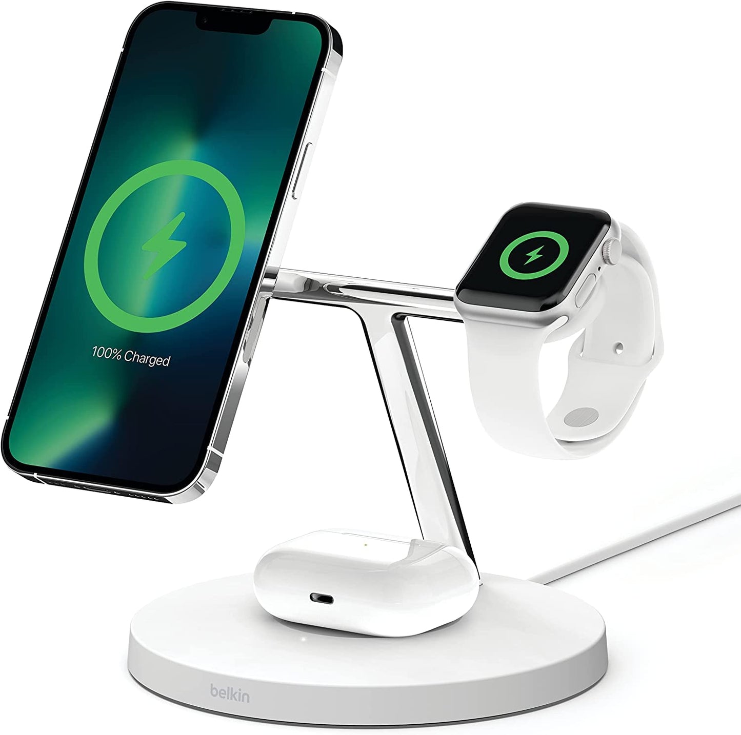 Belkin BoostCharge Pro Cargador inalámbrico 3 en 1 con MagSafe para iPhone 13, 12 + Apple Watch + AirPods (Carga magnéticamente iPhone 13 y 12 Modelos de hasta 15 W)