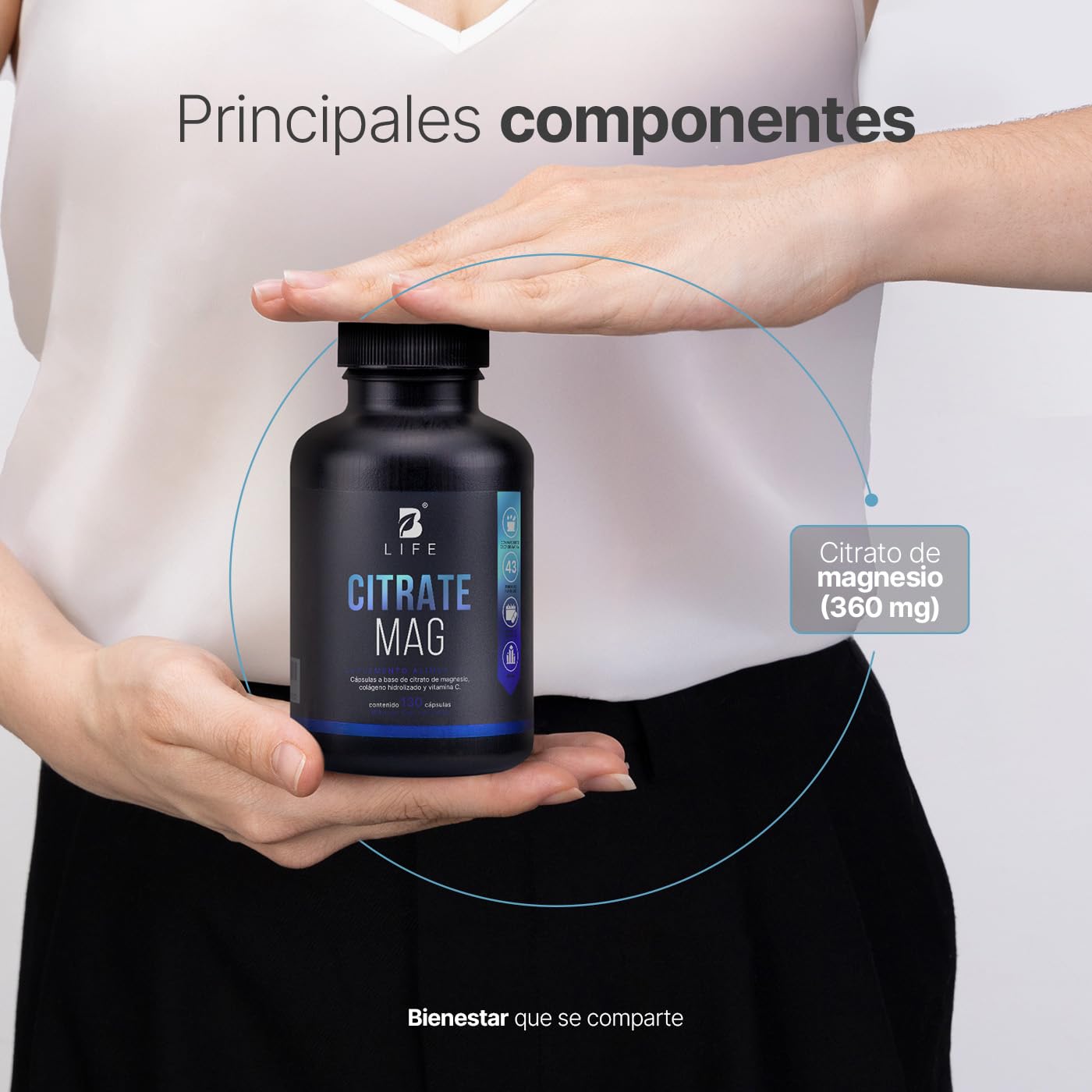 B Life Citrato de Magnesio Puro | 130 cápsulas | 2400 mg por porción | Alta absorción | Adicionado con Vitamina C y Colágeno Hidrolizado | Citrate Mag.