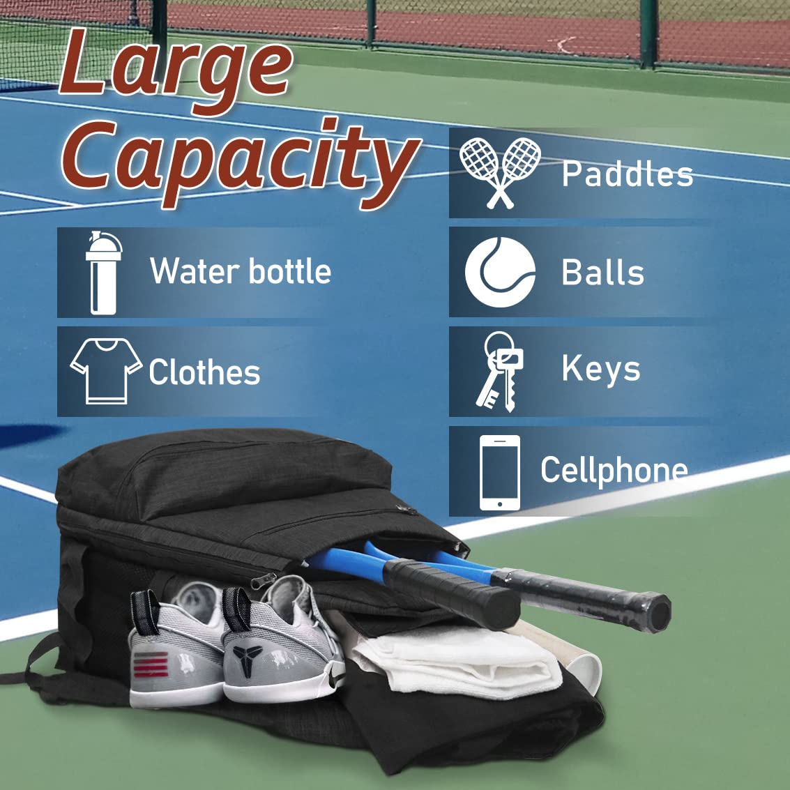 Layway - Mochila de tenis para hombres y mujeres, bolsa de raquetas de tenis para llevar raquetas de racquetball, squash, bádminton, pickleball y otros accesorios deportivos de viaje (negro)