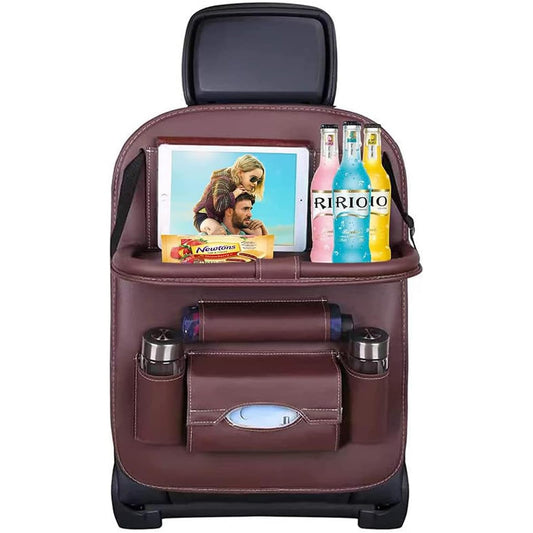 Organizador de Asiento Trasero Piel Sintética Marrón con 7 Compartimentos y Mesa Plegable para Auto