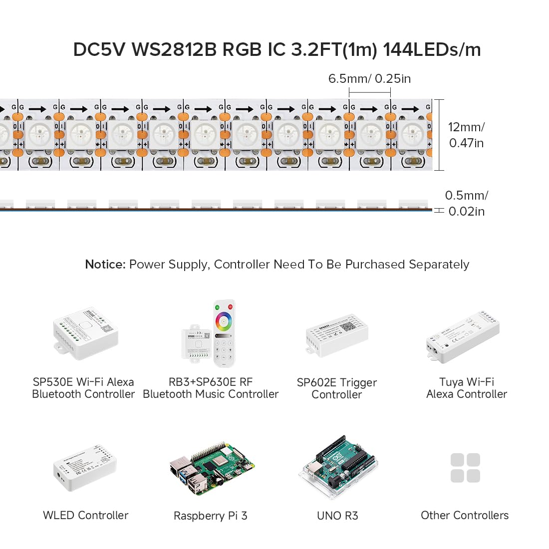 BTF-LIGHTING WS2812B - Tira LED RGB ECO, efectos de persecución 5050SMD direccionable individualmente 3.3 pies, 144 (2 x 72) píxeles/m, color de sueño flexible IP30 para proyectos de bricolaje de