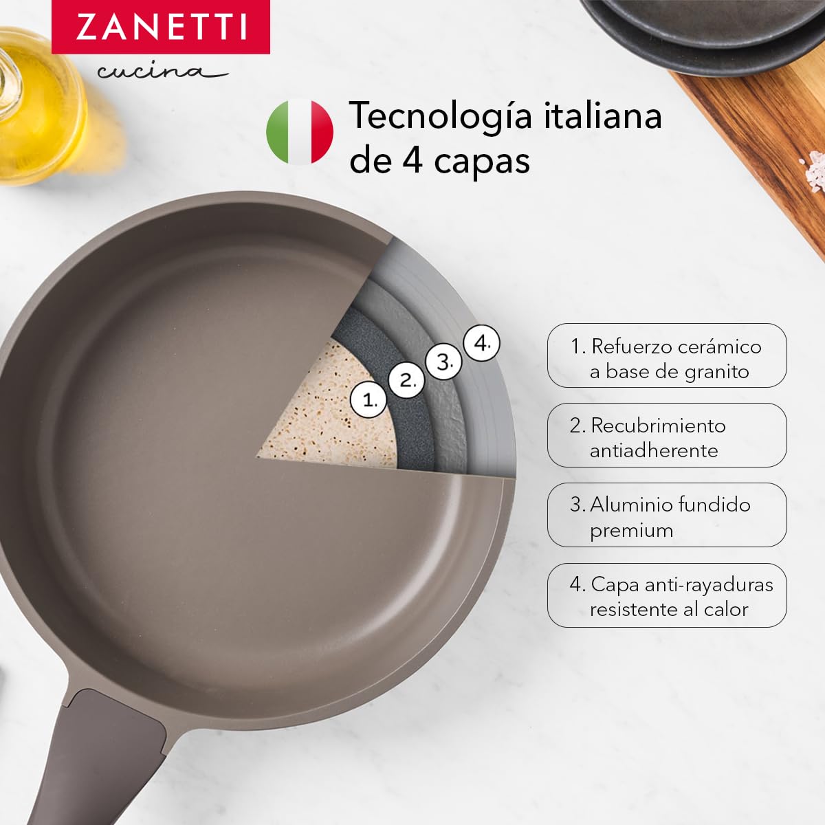 Juego de Sartenes Zanetti Gris con Tecnología Italiana y Antiadherente de Granito