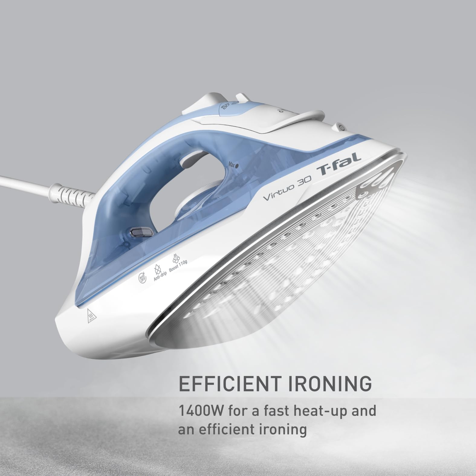 Plancha de Vapor T-fal Blanca Azul Virtuo 30 con Auto Apagado y Suela de Cerámica XL