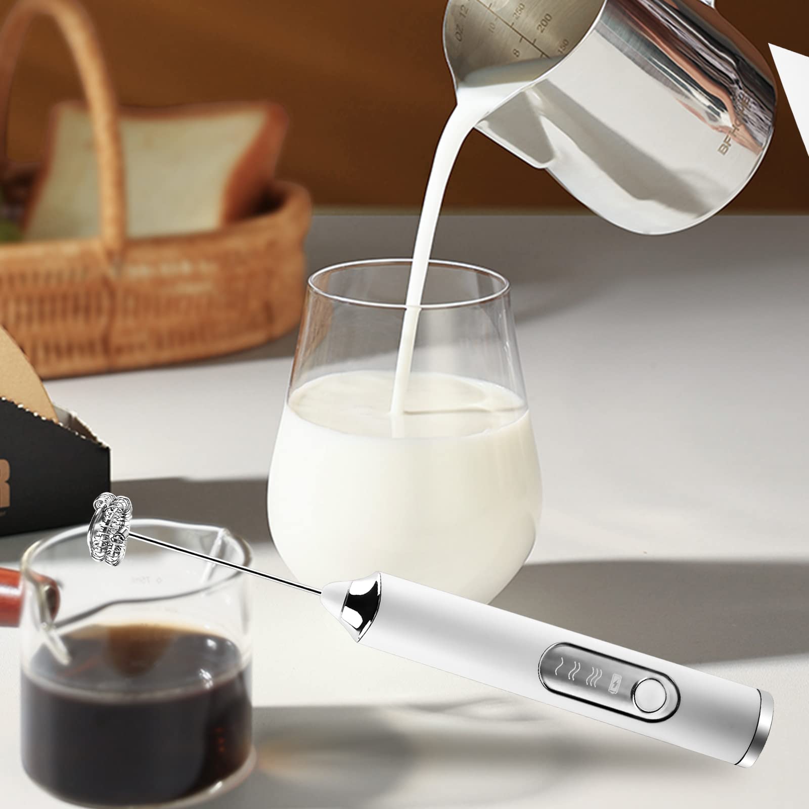 Espumador de Leche Eléctrico Blanco Recargable con 2 Batidores y 3 Velocidades