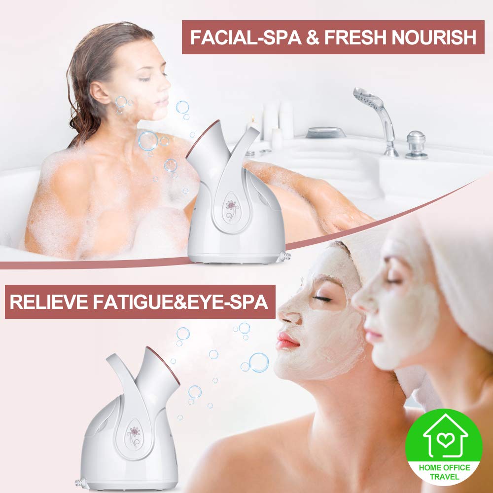 Amconsure - Vaporizador facial nano iónico para el hogar, humidificador facial cálido para mujeres, vaporizador facial hidratante para spa, desatasca los poros, kit de 5 piezas de piel de acero inoxidable y 2 estropajos faciales de silicona