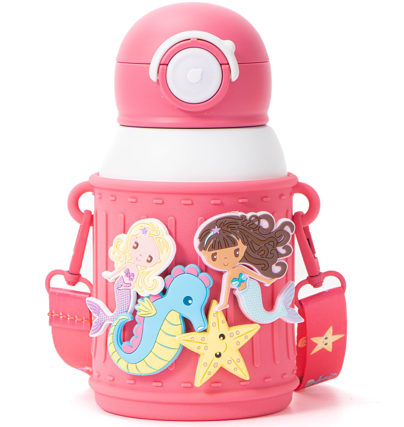 Le Glacier - Juego de vasos aislantes para niños, 16 onzas, botella de agua de acero inoxidable con tapa de popote y tapa para verter, taza a prueba de fugas, funda de silicona, dijes y correa