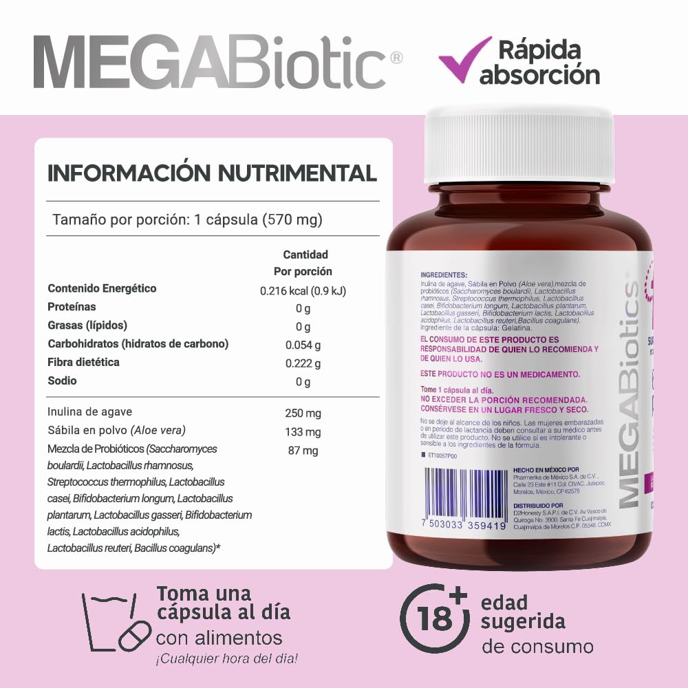 Suplemento Probiótico MegaBiotic con Inulina de Agave y Sábila en 120 Cápsulas