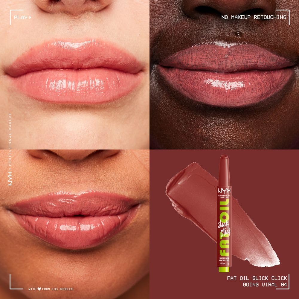 NYX Professional Makeup, Fat Oil Slick Click, 2gr. Tono: Going Viral. Brillo de labios en barra, hidrata hasta por 12hrs, sensación no pegajosa, con infusión de aceite de aguacate, frambuesa y zarzamora. Fórmula vegana.