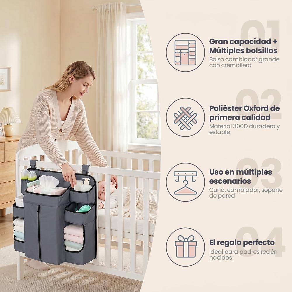Organizador de Pañales para Bebe, Organizador de Cuna Colgante para Cosas de Bebé, Múltiples bolsillos y compartimentos para guardar pañales, biberones (Gris Oscuro)