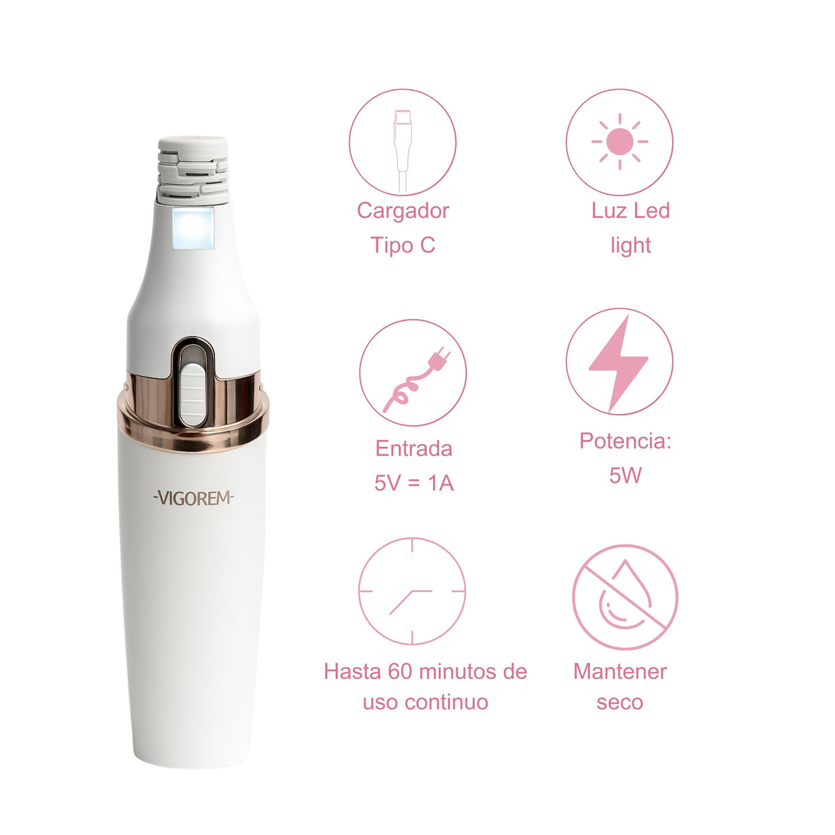 VIGOREM Depiladora Facial Mujer con Luz LED y Cabezal Ergonómico – Removedor Indoloro de Vello Recargable USB, Motor 5W – Depiladora Eléctrica para Labio Superior, Barbilla, Mejillas, Piernas y Brazos