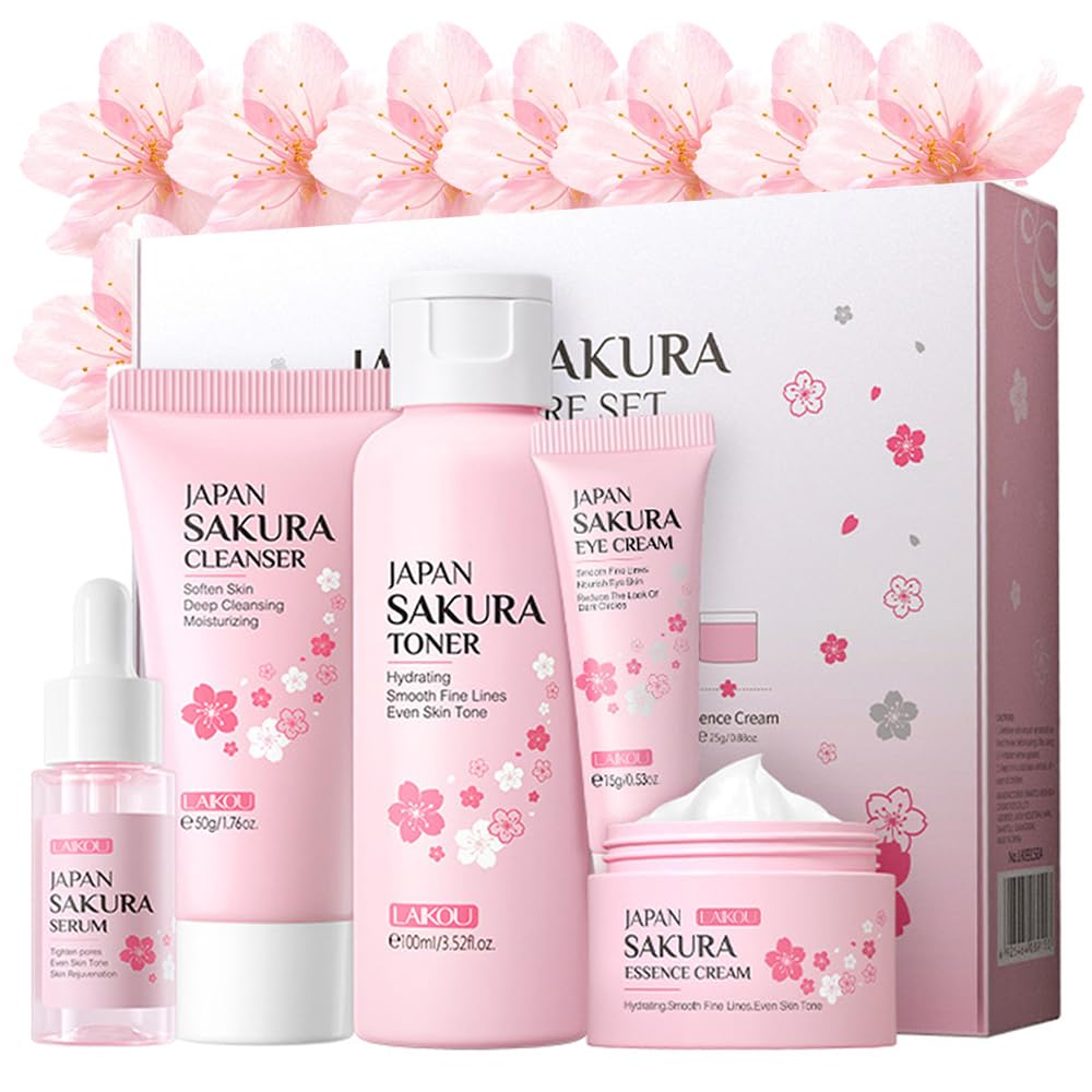 Yasovigi- Kit de cuidado de la piel Sakura para mujeres adolescentes, 5 piezas de cuidado de la piel, set de regalo de viaje con limpiador, tónico,