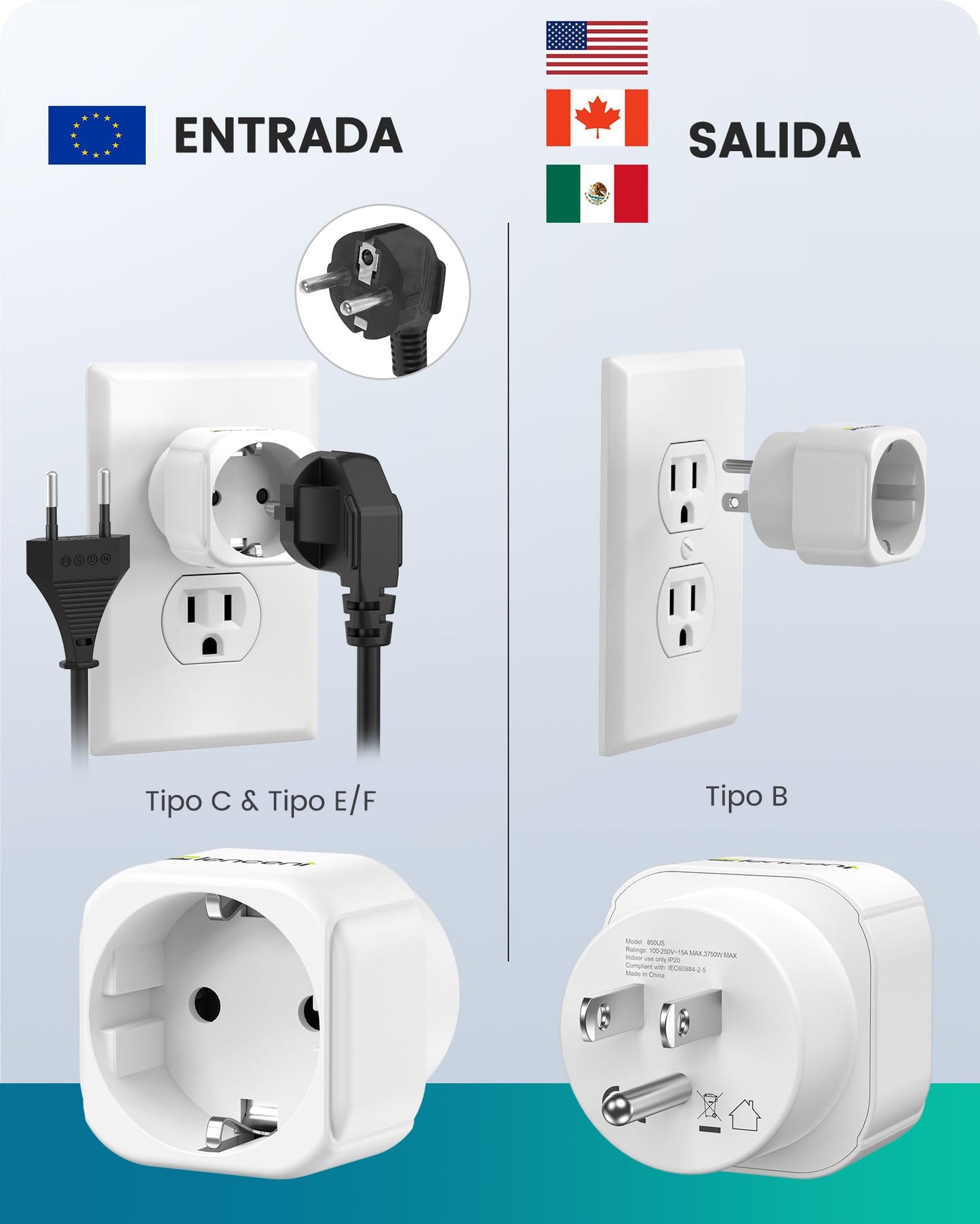 LENCENT 2X Adaptador de Enchufe de Europa a EE.UU, Adaptador de Enchufe de Salida Estadounidense, Adaptador de UE a EE.UU, Convertidor de Enchufe de Viaje de Europa a EE. UU. Mexico Colombia Canada