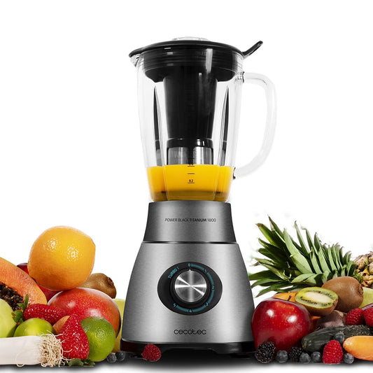 Cecotec Batidora Vaso Power 1800. Capacidad 2,1L, 1800 W, Cuchilla de 6 Hojas de, Filtro Licuados, Jarra Termorresistente, Titanio, Black