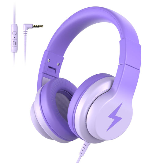 Candy Bila - Auriculares con cable para niños, con micrófono, limitador de volumen de 85/94 dB para niñas y niños, auriculares plegables para aprendizaje y entretenimiento, color morado oscuro