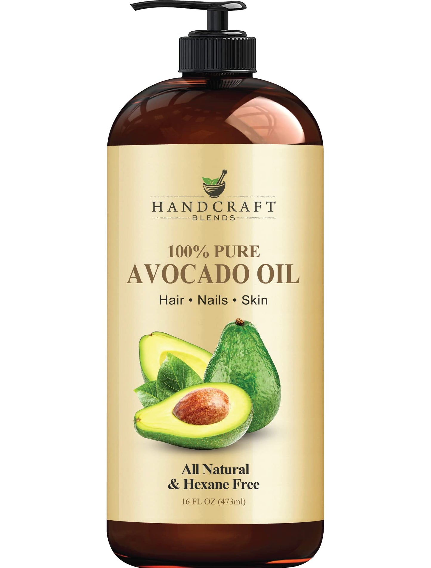 Handcraft Blends Aceite de aguacate artesanal 16 onzas líquidas, 100% puro y natural, aceite para el cabello, aceite portador para aromaterapia, aceite de masaje, hidratante corporal y piel y lubricante, prensado en frío, sin hexano, botella puede variar