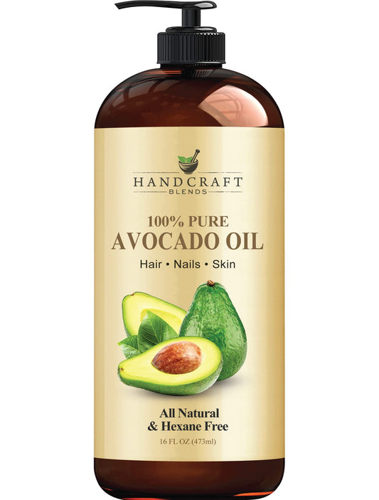 Handcraft Blends Aceite de aguacate artesanal 16 onzas líquidas, 100% puro y natural, aceite para el cabello, aceite portador para aromaterapia, aceite de masaje, hidratante corporal y piel y lubricante, prensado en frío, sin hexano, botella puede variar