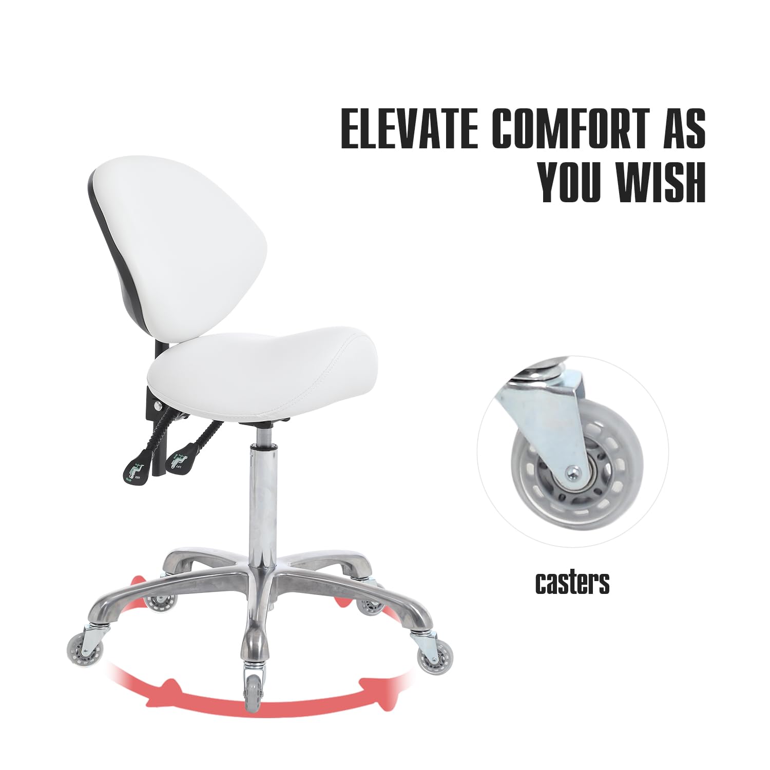 FRNIAMC - Taburete ergonómico con ruedas ajustable, hidráulico de alta resistencia (350 libras) para salón de laboratorio dental, estudio de masaje, oficina (blanco, con respaldo)