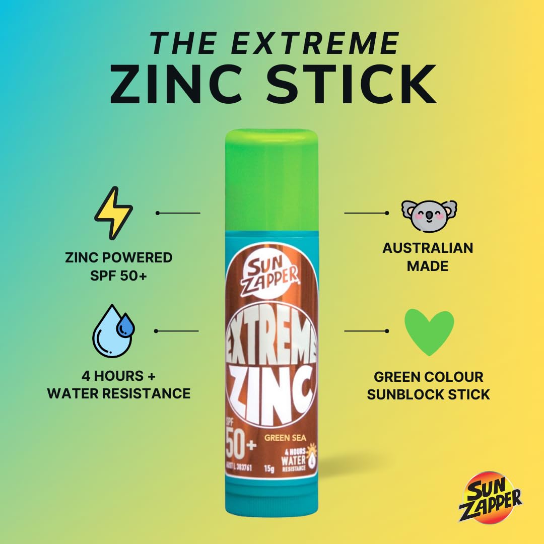 Sun Zapper Extreme Zinc Stick "Green Sea" SPF 50+ |Protector Solar Mineral en Stick Mineral a base de zinc color VERDE 15g |Alta protección solar UVA/UVB con color vibrante | Resistente al Agua | Fórmula Reef Safe | Hecho en Australia.