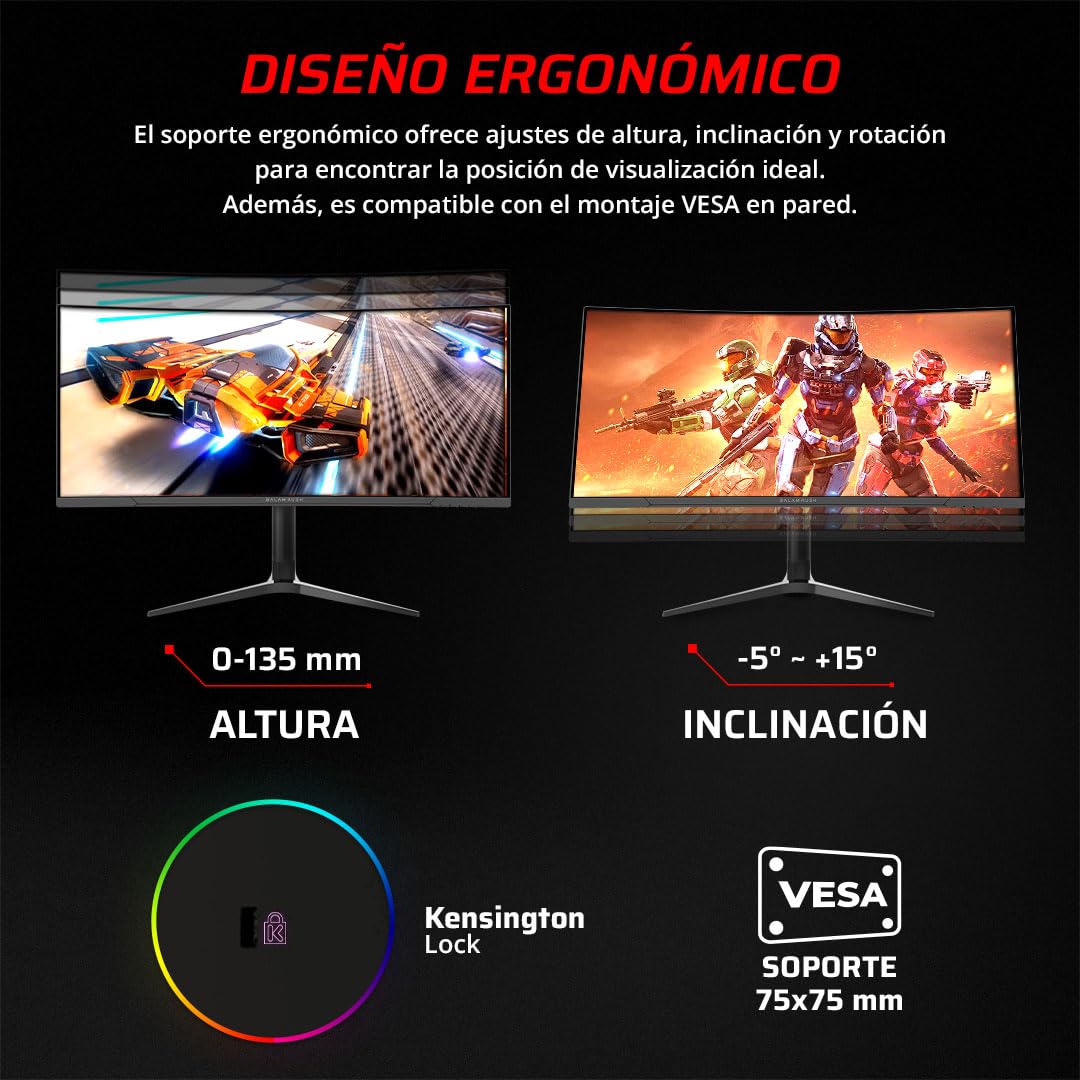 Balam Rush Monitor Gamer Curvo 34" 165hz / Extreme Earth Plus MGM34P / UWQHD R1500 / 1ms / Pip+PBP/F-Sync/G-Sync/Flicker -Free/HDR/Altura Ajustable / 2xHDMI 2.1 + 2xDP 1.4 + 3.5 mm/RGB/VESA 75mm