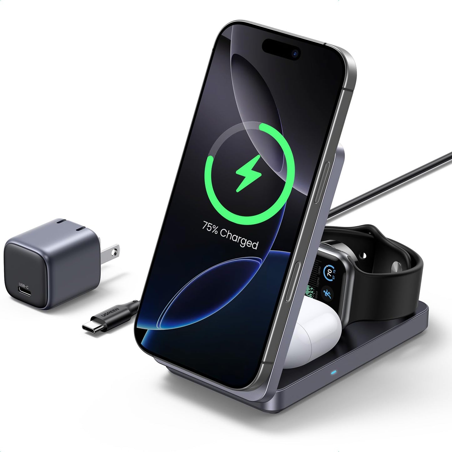 UGREEN Qi2 15W Cargador Inalámbrico 3 en 1 MagFlow Certificado, Soporte de Carga Plegable MagSafe Compatible con iPhone 16/15/14/13/12, AirPods 4/3/2/Pro, iWatch (Adaptador de 30 W Incluido)