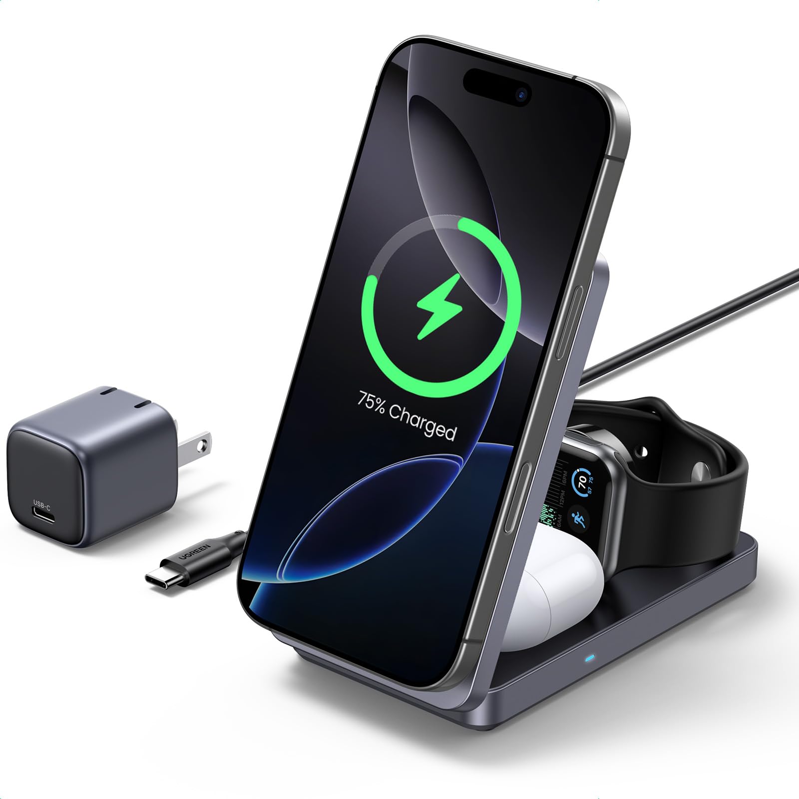 UGREEN Qi2 15W Cargador Inalámbrico 3 en 1 MagFlow Certificado, Soporte de Carga Plegable MagSafe Compatible con iPhone 16/15/14/13/12, AirPods 4/3/2/Pro, iWatch (Adaptador de 30 W Incluido)