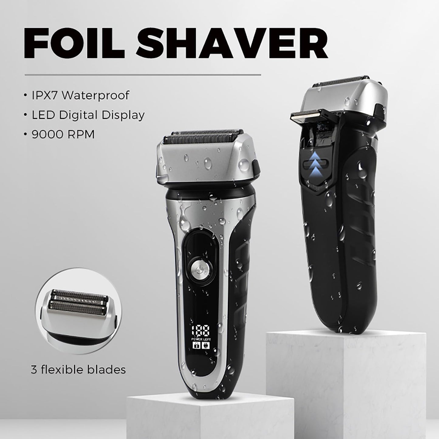 Famhnto Afeitadora Eléctrica de Láminas para Hombre, Recargable E Inalámbrica, con Cuchilla Desplegable para Patillas, para Uso En Seco Y Húmedo, Color Plateado