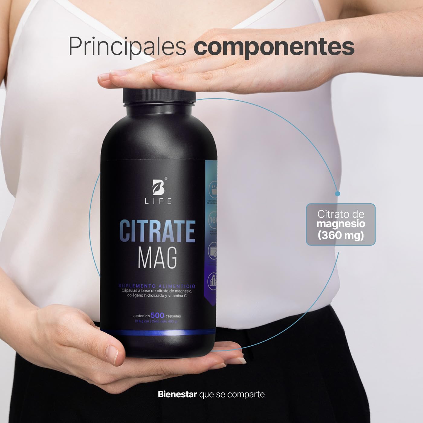 B Life Citrato de Magnesio Puro | 500 cápsulas | 2400 mg por porción | Alta absorción | Adicionado con Vitamina C y Colágeno Hidrolizado | Ingredientes Naturales | Citrate Mag.