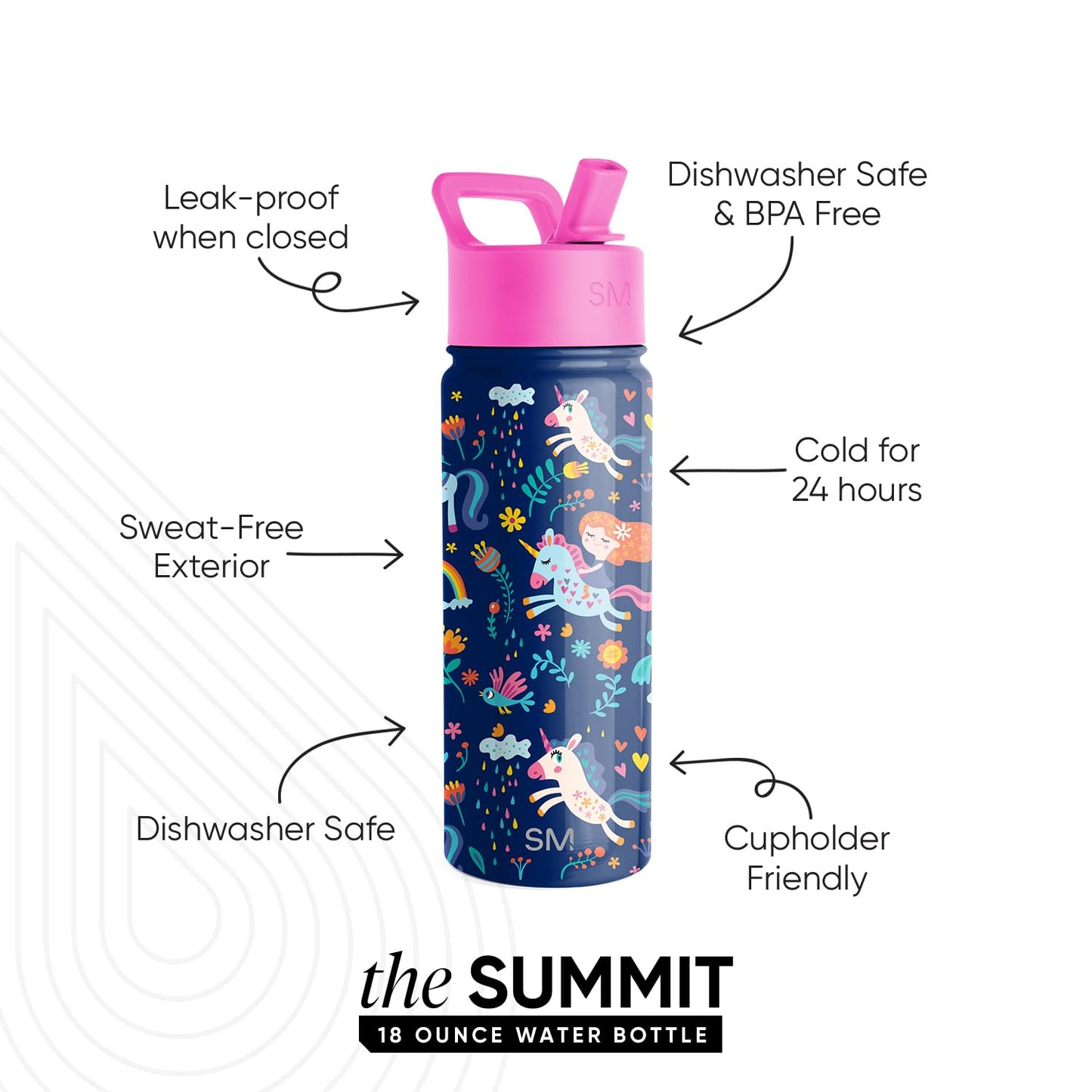 Simple Modern Kids Water Bottle with Straw Lid | Insulated Stainless Steel Reusable Tumbler for Toddlers, Girls | Summit Collection | 18oz, Unicorn Rainbows